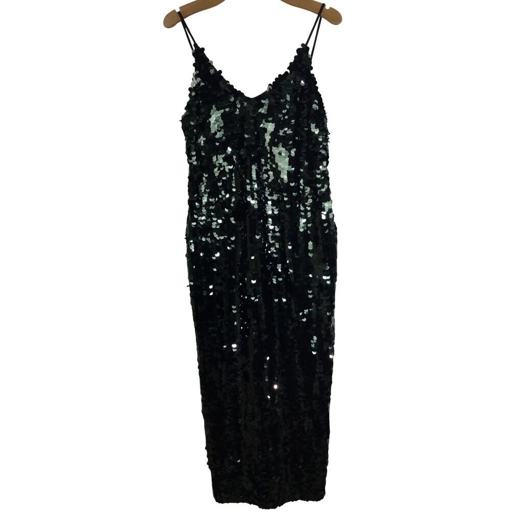 Free People Paillette Party Midi Slip Mermaid Scale Sequin Dress Black Size S